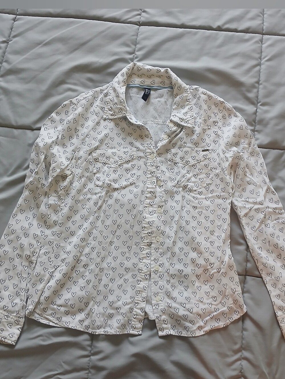 White Button-Up Shirt with Black Heart Print